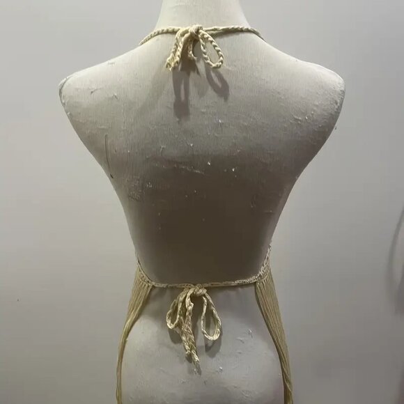 Beige Handmade Crochet Backless Halter Triangle Top With Fringes - Picture 5 of 6